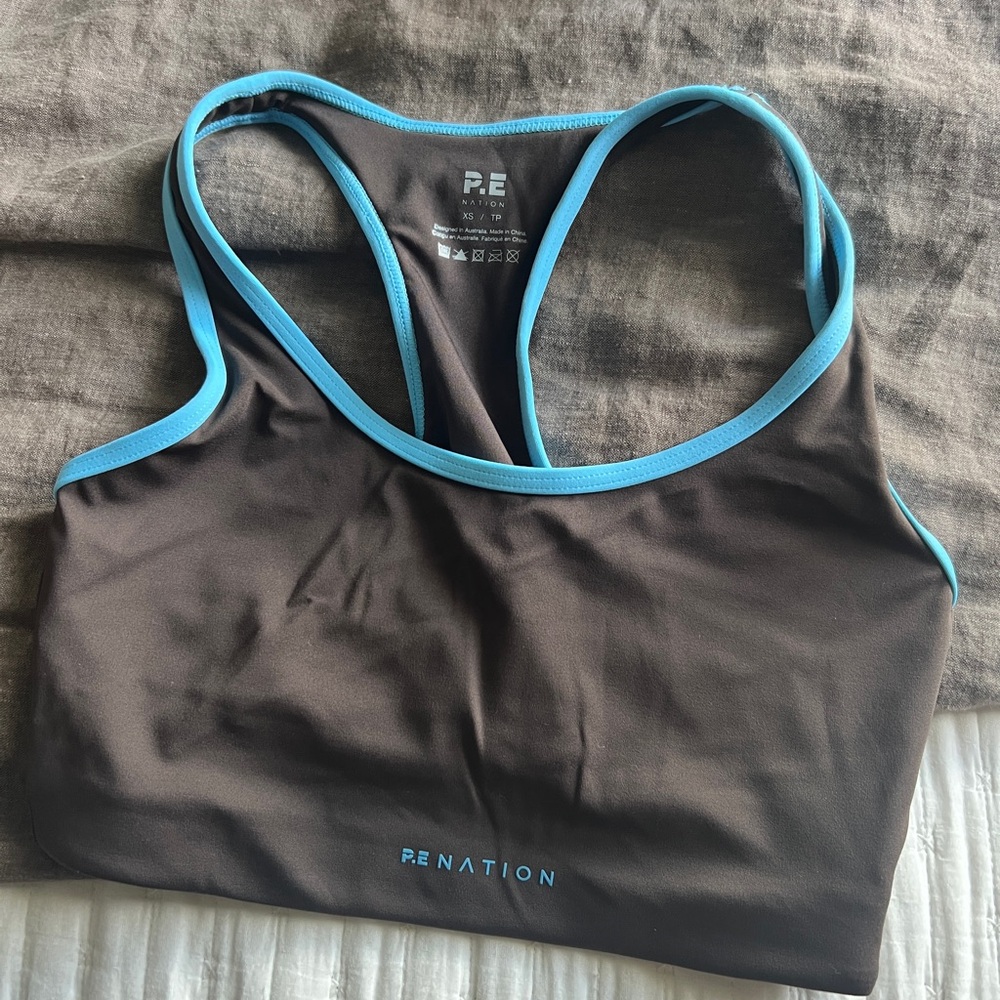 P.E Nation Brown Sports Bra with Blue Trim from Revolve